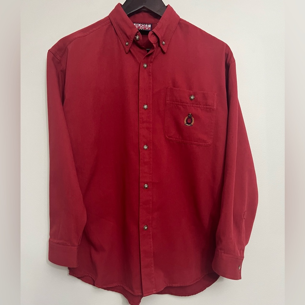 Vintage Bugle Boy Youth Button Down Shirt Boys XL Red Crest 90s Preppy Maroon